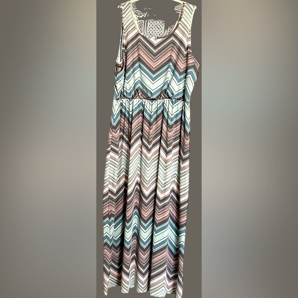 MAURICES Gray/Blue/Pink Back Eyelet Detail Sleeveless Maxi Dress, Sz 1X, EUC.